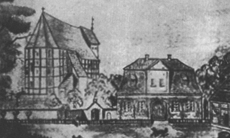 Rycina z 1863, Wicina widok na stary kościół i plebanię