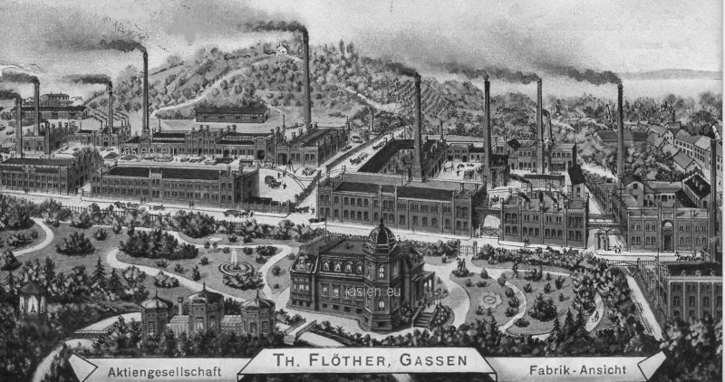 Widok na Fabrykę Maszyn Rolniczych Th. Flöthera z roku 1914, an pierwszym planie dom rodziny Flöther, rozebrany po roku 1945