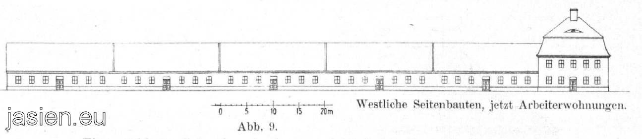 Zabudowania folwarczne - budynki strona zachodnia, w późniejszym okresie mieszkania robotników, Zentralblatt der Bauverwaltung str.120, 01.03.1913